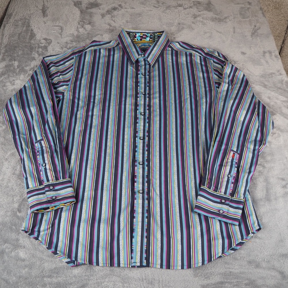 Robert Graham Button Down Mens XL Multicolor Stripe Silk Trim Classic Flip Cuff